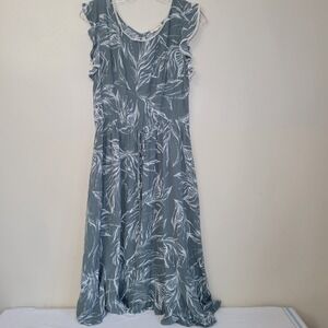 Stevie Hender Sage Green Tropical Leaf Flutter Sleeve Midi Dress Women's M